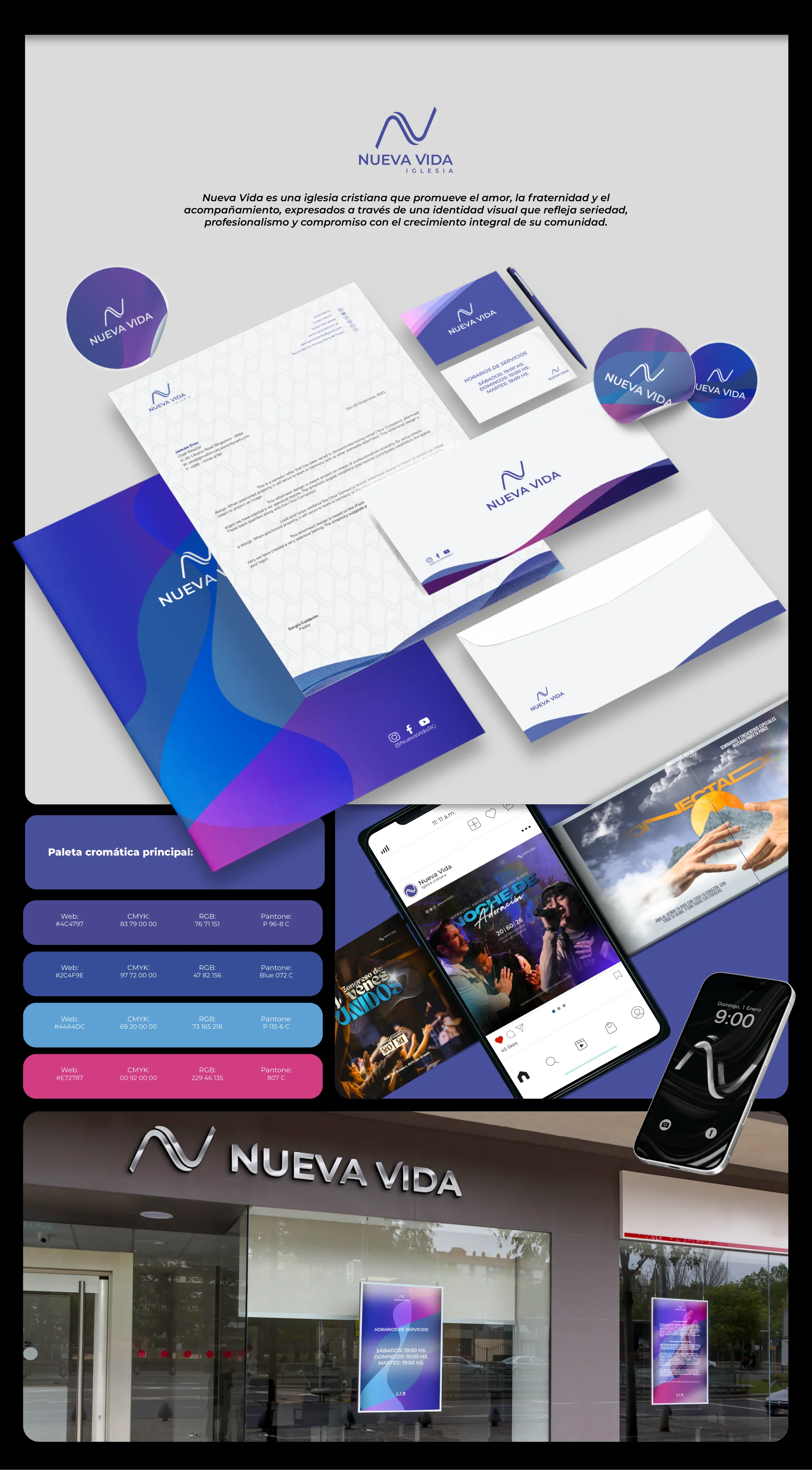 Nueva Vida brand identity board: the wave monogram logotype above the wordmark, a Spanish positioning statement, the stationery system laid out in perspective (folder, patterned letterhead, business cards, envelope and stickers in blue-violet gradients), the four-colour palette with Web, CMYK, RGB and Pantone values, social and event key visuals shown on phones, and the storefront with its metallic sign and window posters.