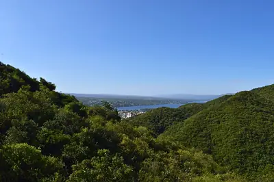 wooded hills falling to the water