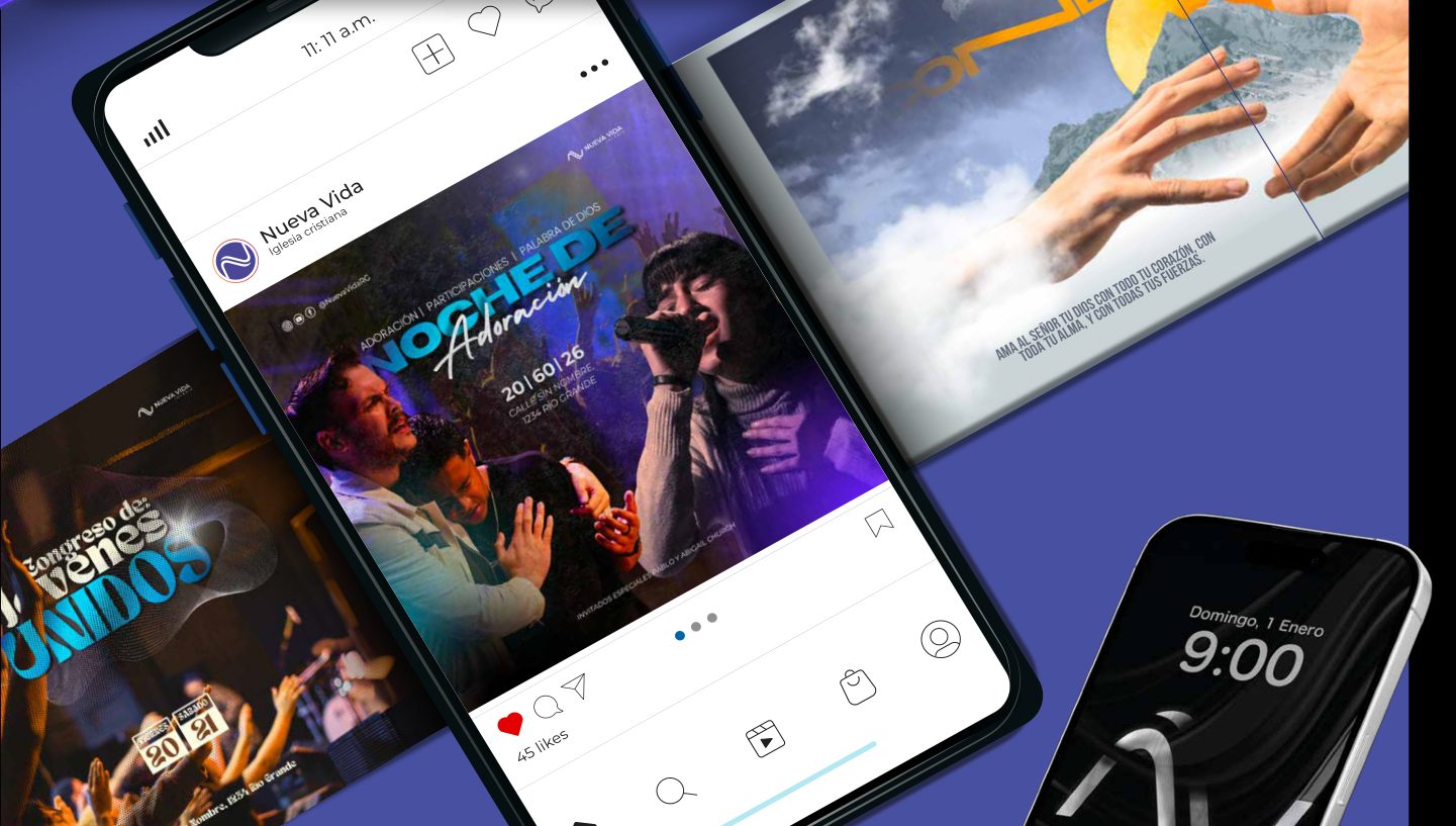 Nueva Vida brand applications across phone, poster and billboard