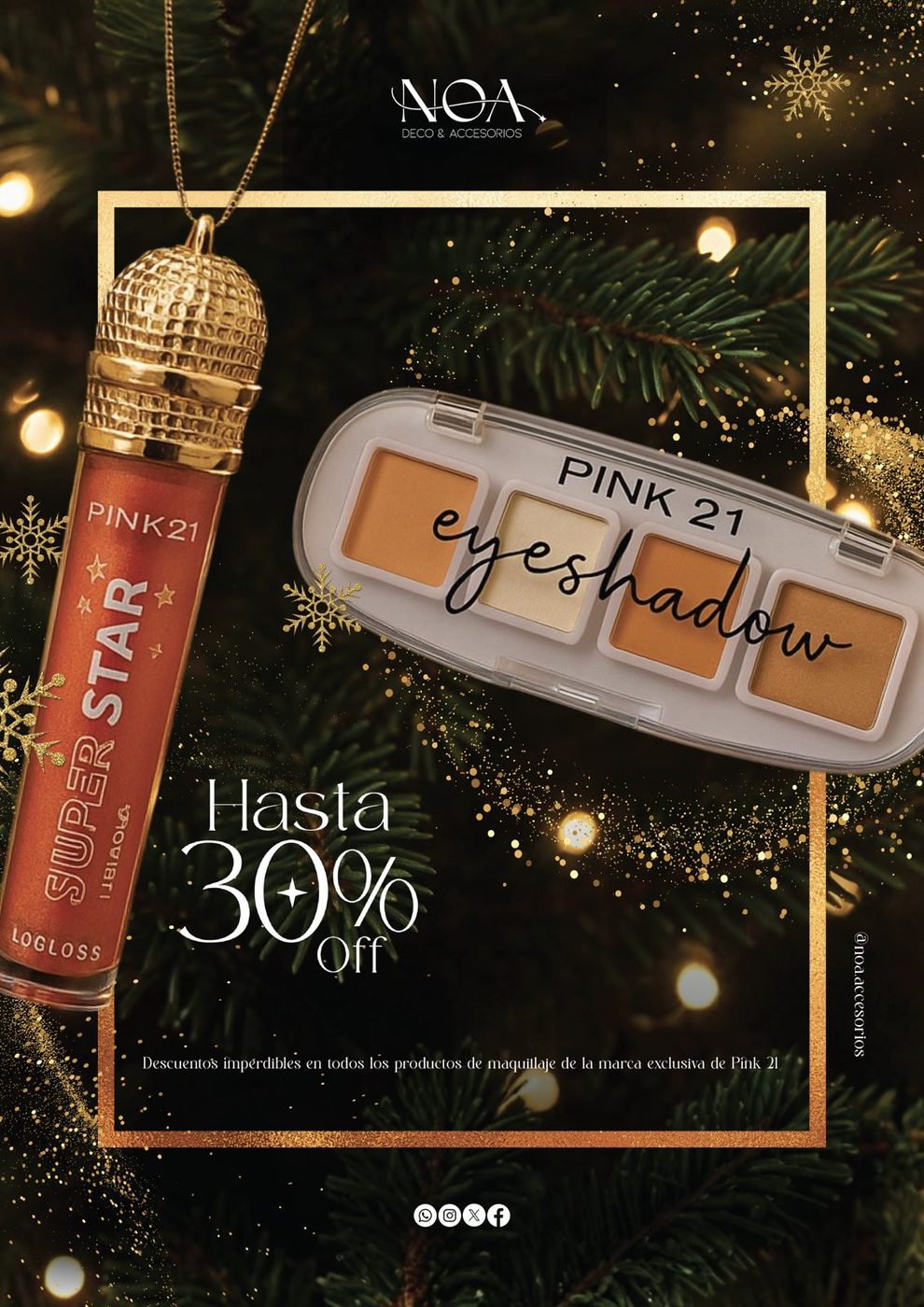 Christmas-themed cosmetics sale post for Pink 21 with eyeshadow palette and lip gloss over pine branches