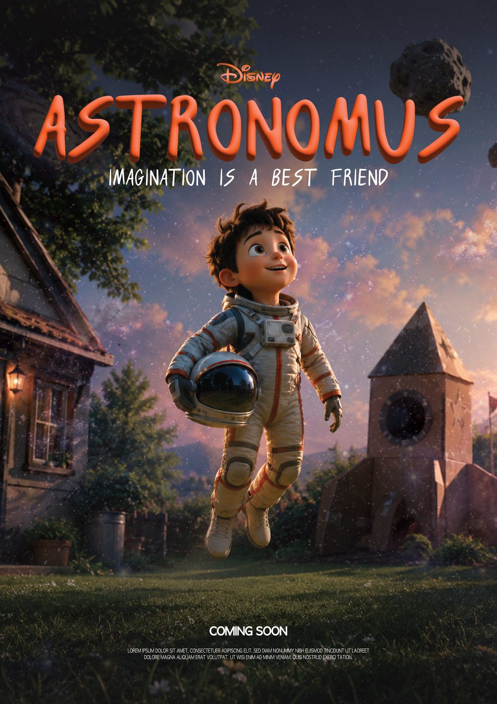 Animated-film poster titled Astronomus, a boy in a spacesuit floating above a garden at dusk beneath an asteroid