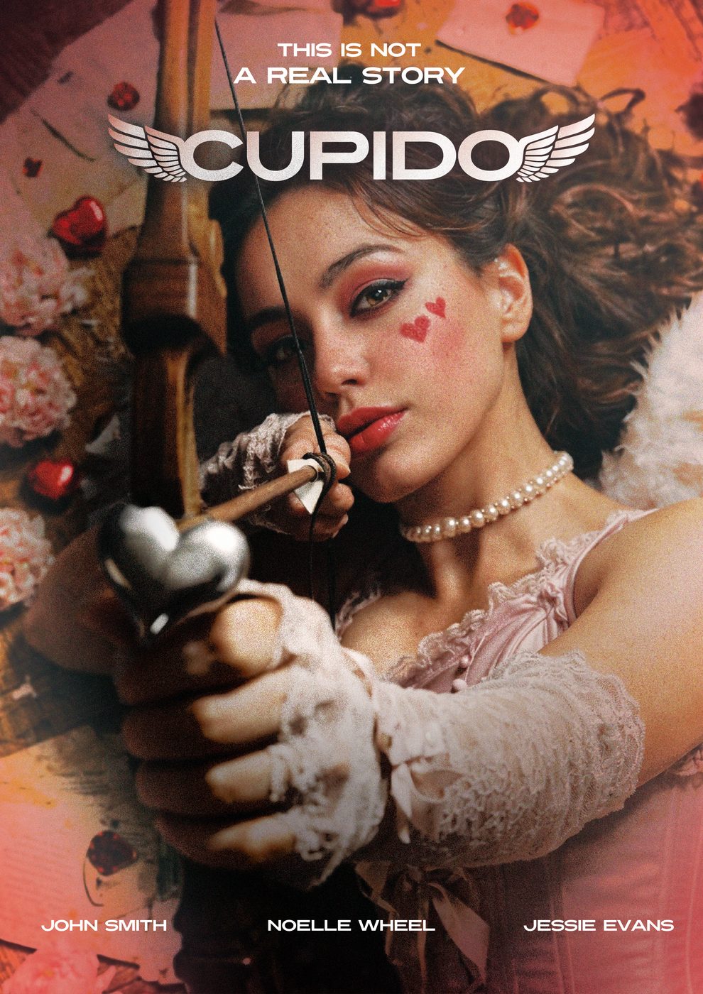 Movie poster titled Cupido, the winged wordmark above a woman aiming a bow with a metal heart as arrowhead