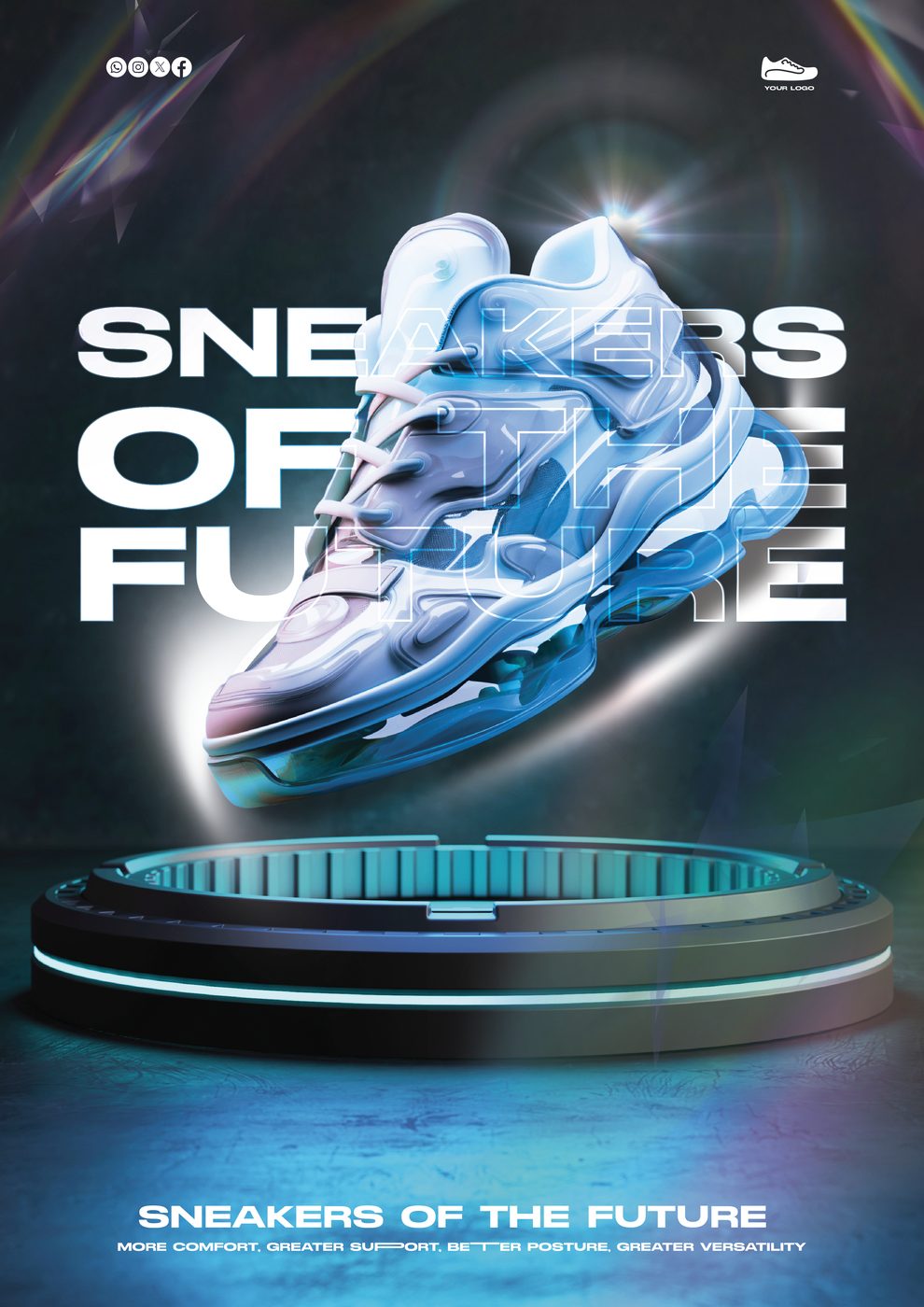 Futuristic key visual of a holographic sneaker