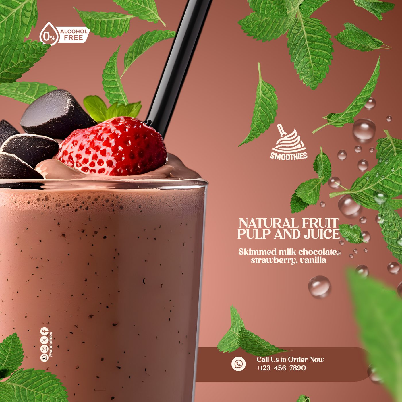 Chocolate and strawberry smoothie ad with floating mint leaves on terracotta background