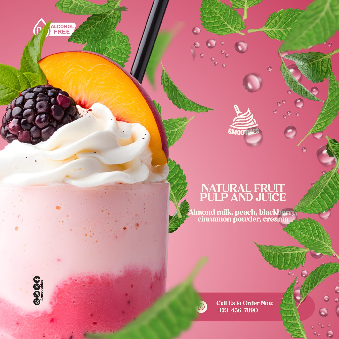 Peach and blackberry smoothie ad with floating mint leaves on pink background