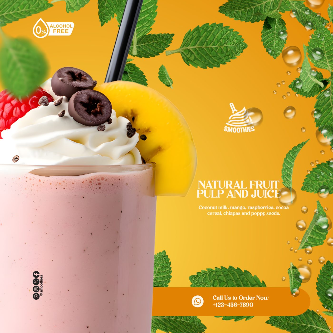 Mango and raspberry smoothie ad with floating mint leaves on orange background