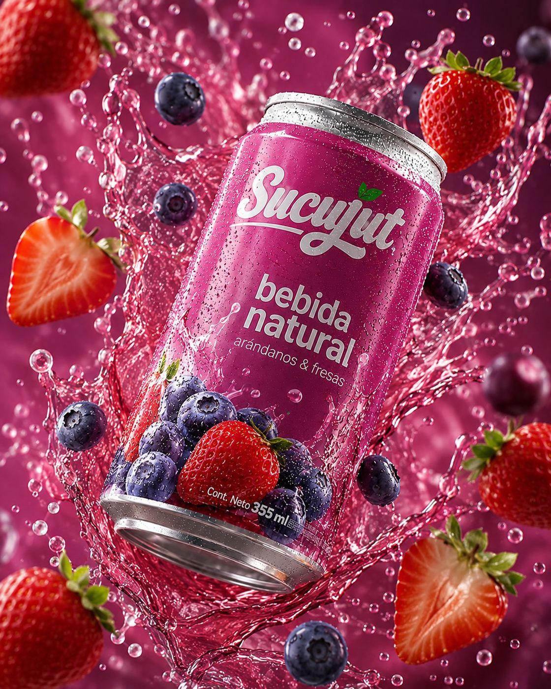 Sucujut can in blueberry and strawberry flavour, suspended in a magenta splash with blueberries and strawberries