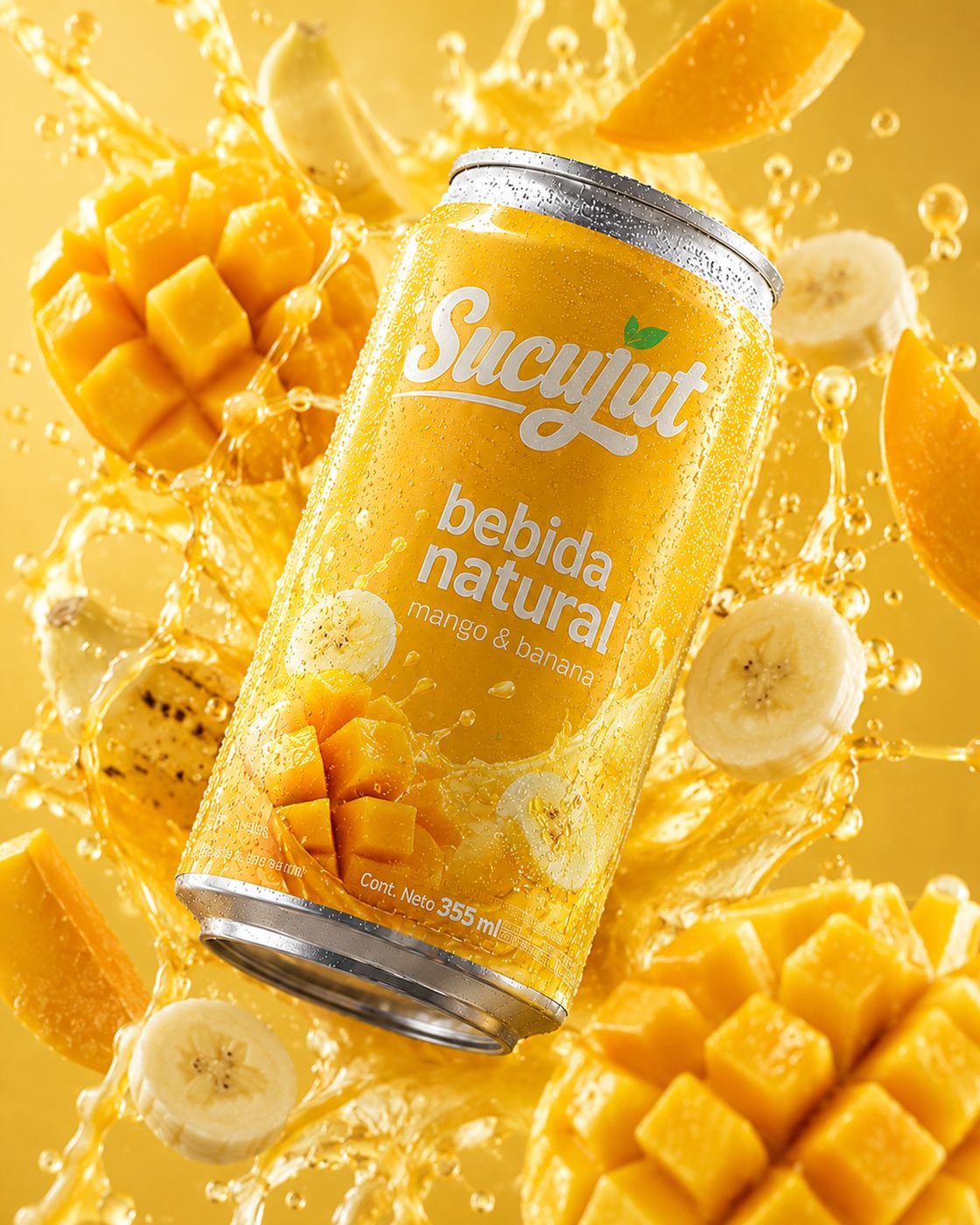 Sucujut can in mango and banana flavour, suspended in a yellow juice splash with mango cubes and banana slices